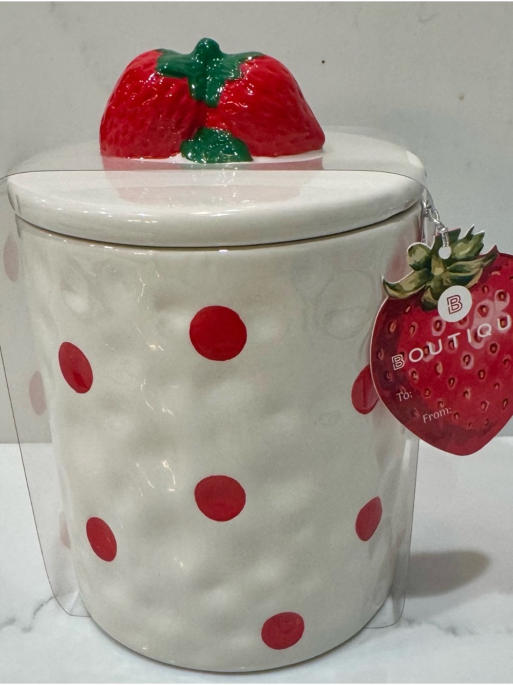 BOUTIQUE SPRING SUMMER KITCHEN CANISTER w/POLKA DOTS & STRAWBERRIES ON LID NEW